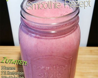 Smoothie Rezept mit Erdbeeren, Banane, Hanfprotein, Reismilch und Soja-Joghurt