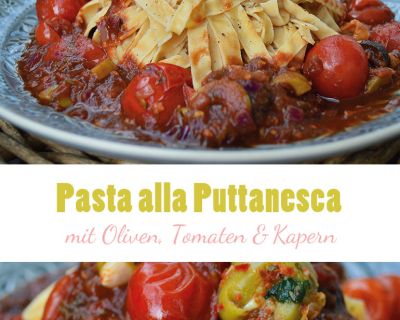 Pasta alla Puttanesca mit Oliven, Kapern & Tomaten