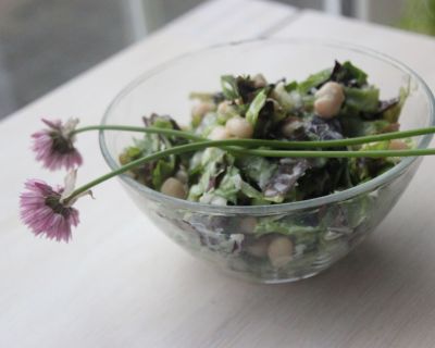 Kopfsalat und Eichblatt mit weißen Bohnen
