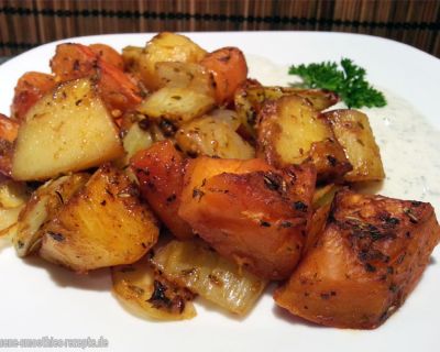 Herbstliches Backofengemüse mit veganen Knoblauch-Petersilien-Dip