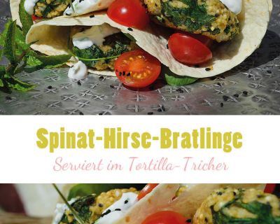 Spinat-Hirse-Bratlinge im Tortilla-Wrap-Trichter