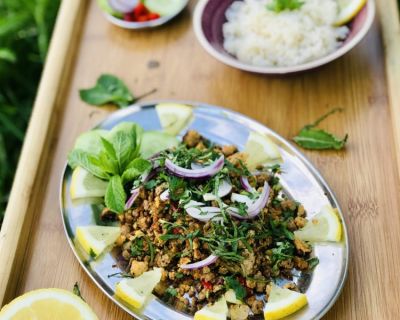 veganes Laap – laotischer Hackfleischsalat mit Zitrone, Chili Minze und Koriander