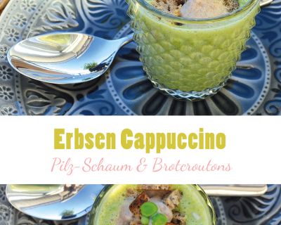 Erbsen-Cappuccino mit Pilzschaum & Knoblauch-Brotcroutons