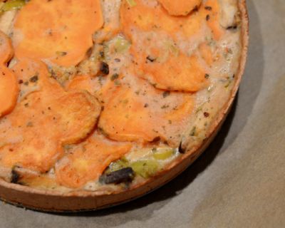 Rezept: Süßkartoffel-Rosenkohl-Lauch-Quiche