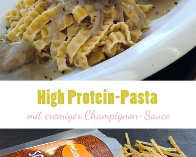 High Protein-Soybean-Pasta mit cremiger Champignon-Sauce