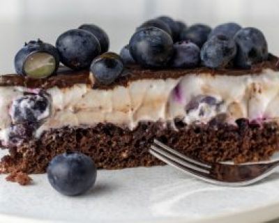 New York Cheesecake mit laktofermentierten Blaubeeren auf Schokobiskuit