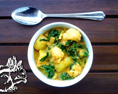 Curry Coconut Milk Potatoes with Spinach and Cauliflower